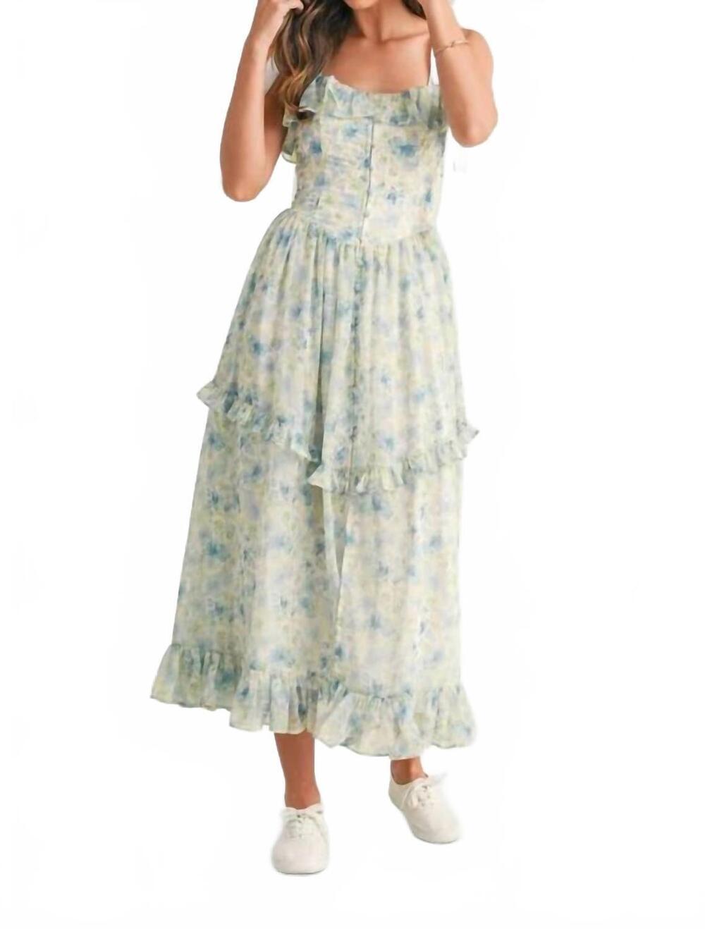 NEW MABLE floral printed shoulder strap midi dress in blue